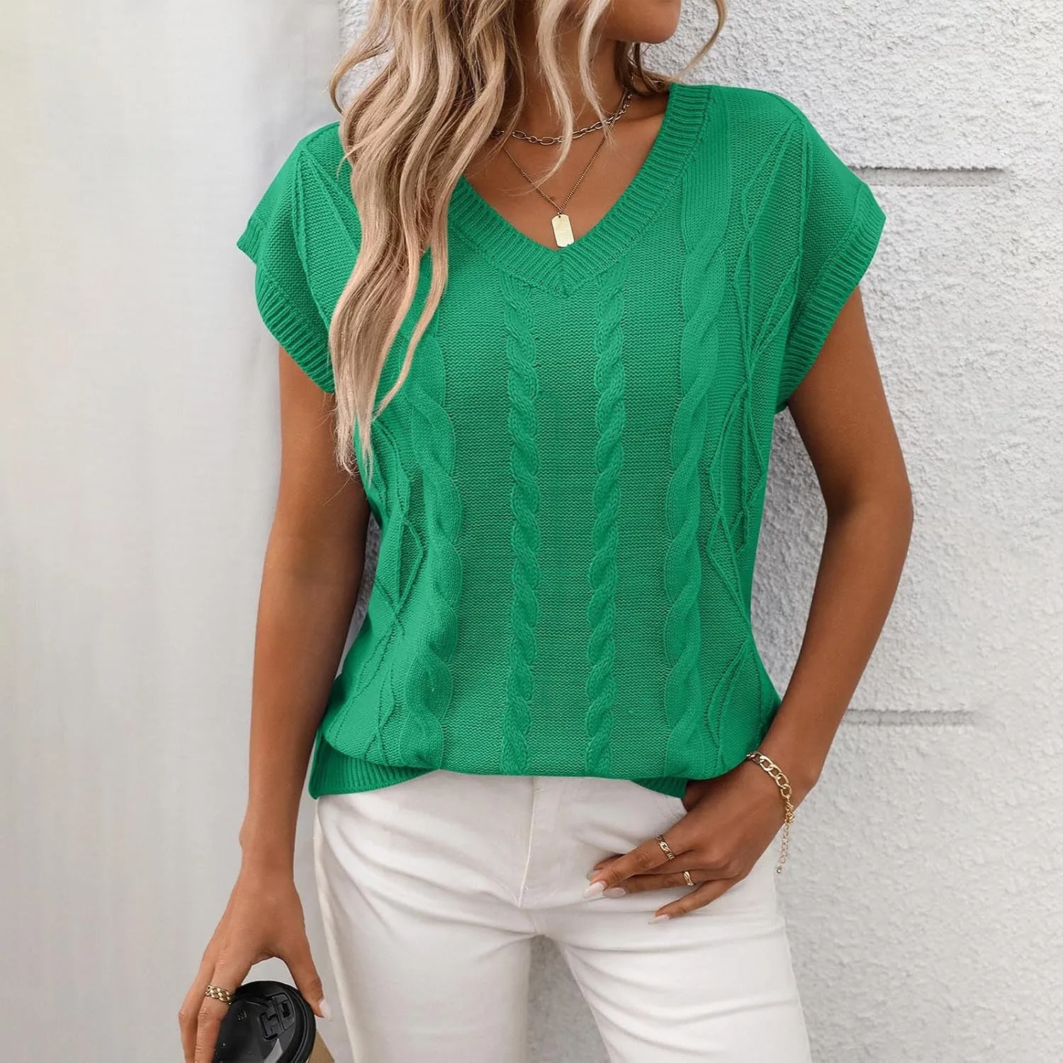 Womens Short Sleeve Sweaters Tops V-Neck Cable Knit Casual Soft Pullover Shirt 2025 Spring Summer Business Outfits