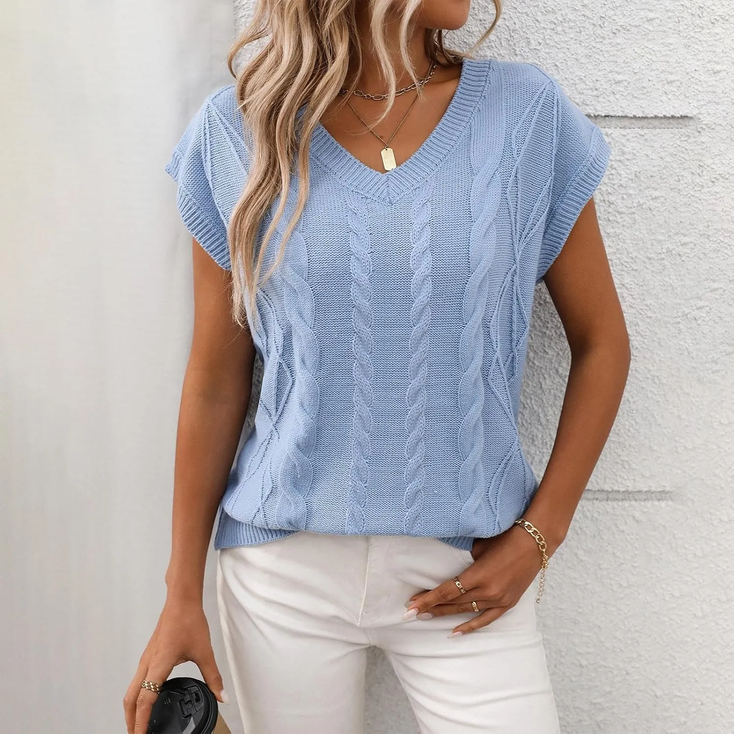 Womens Short Sleeve Sweaters Tops V-Neck Cable Knit Casual Soft Pullover Shirt 2025 Spring Summer Business Outfits