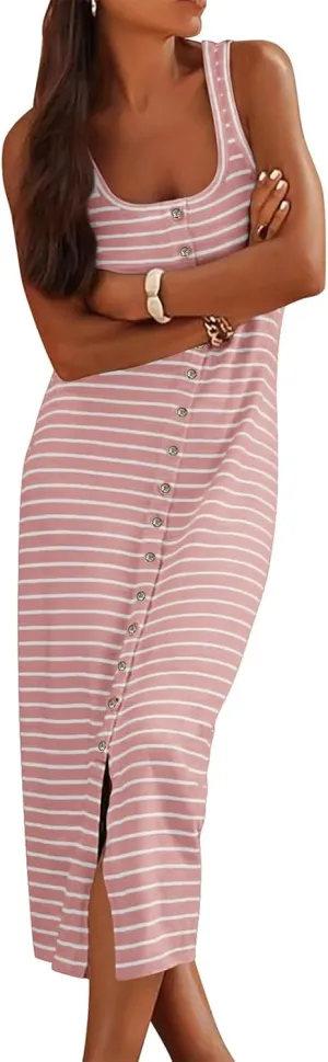Women's Sleeveless Striped Dress Summer Casual Jumper Dresses U Neck Bodycon Dresses Fashion Trendy Outfits