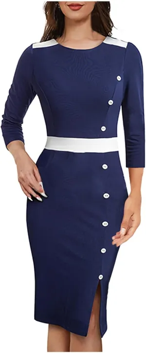 Womens Slim Formal Pencil Dress 3/4 Sleeve Office Bodycon Sheath Dress Sexy Side Slit Color Block Wrap Midi Dresses