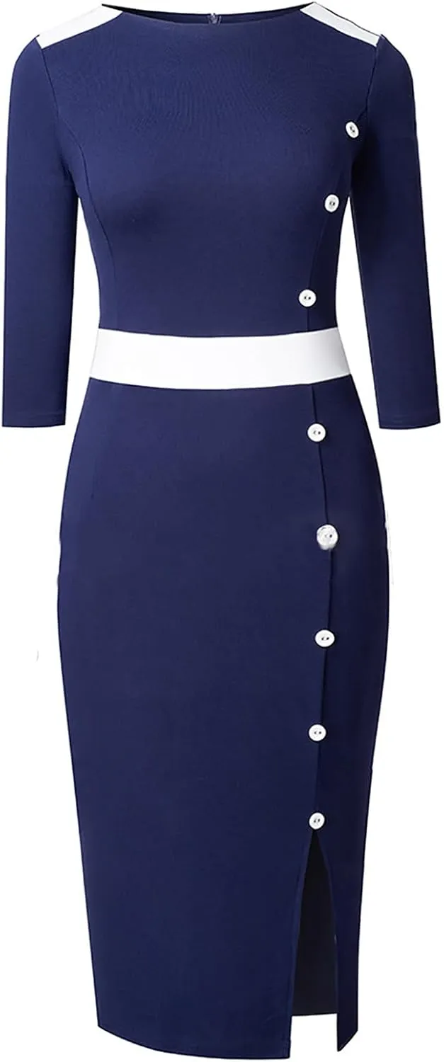Womens Slim Formal Pencil Dress 3/4 Sleeve Office Bodycon Sheath Dress Sexy Side Slit Color Block Wrap Midi Dresses