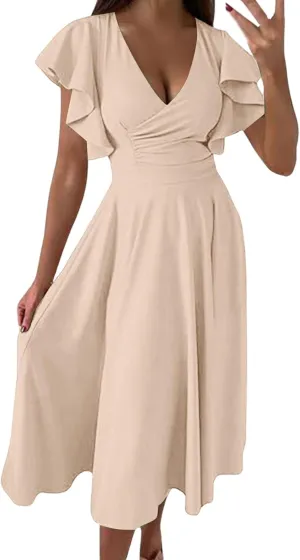 Women's Solid Color Ruffled Skirt Low V Neck Waist Slimming Sexy Dress Big House
