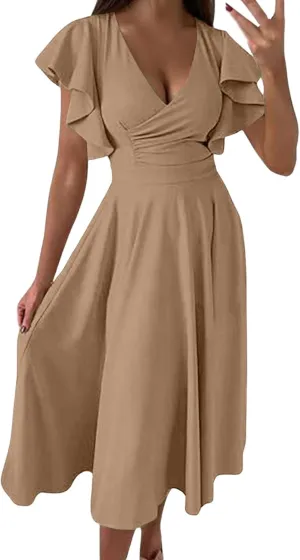 Women's Solid Color Ruffled Skirt Low V Neck Waist Slimming Sexy Dress Big House