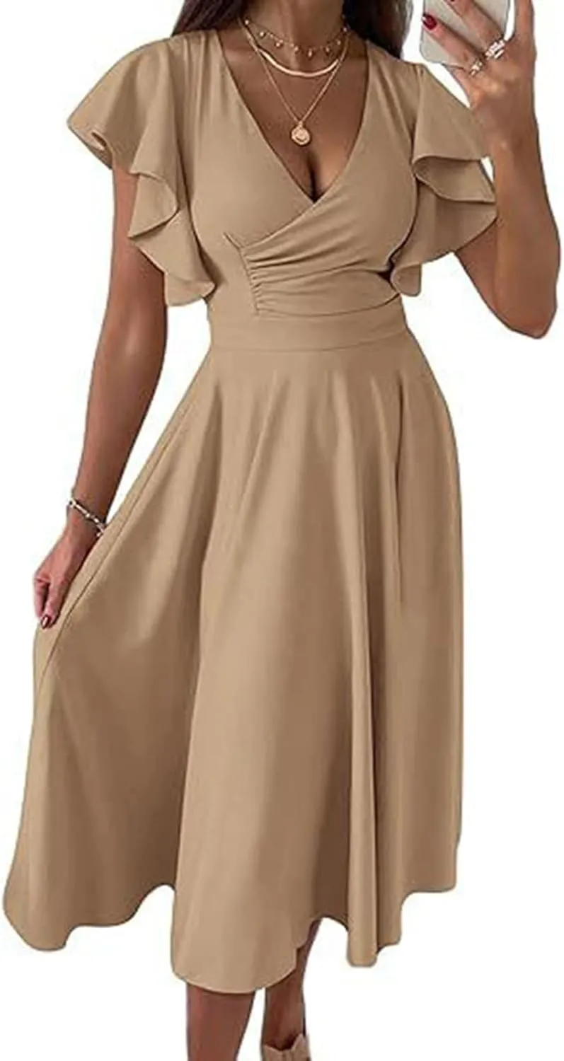 Women's Solid Color Ruffled Skirt Low V Neck Waist Slimming Sexy Dress Big House