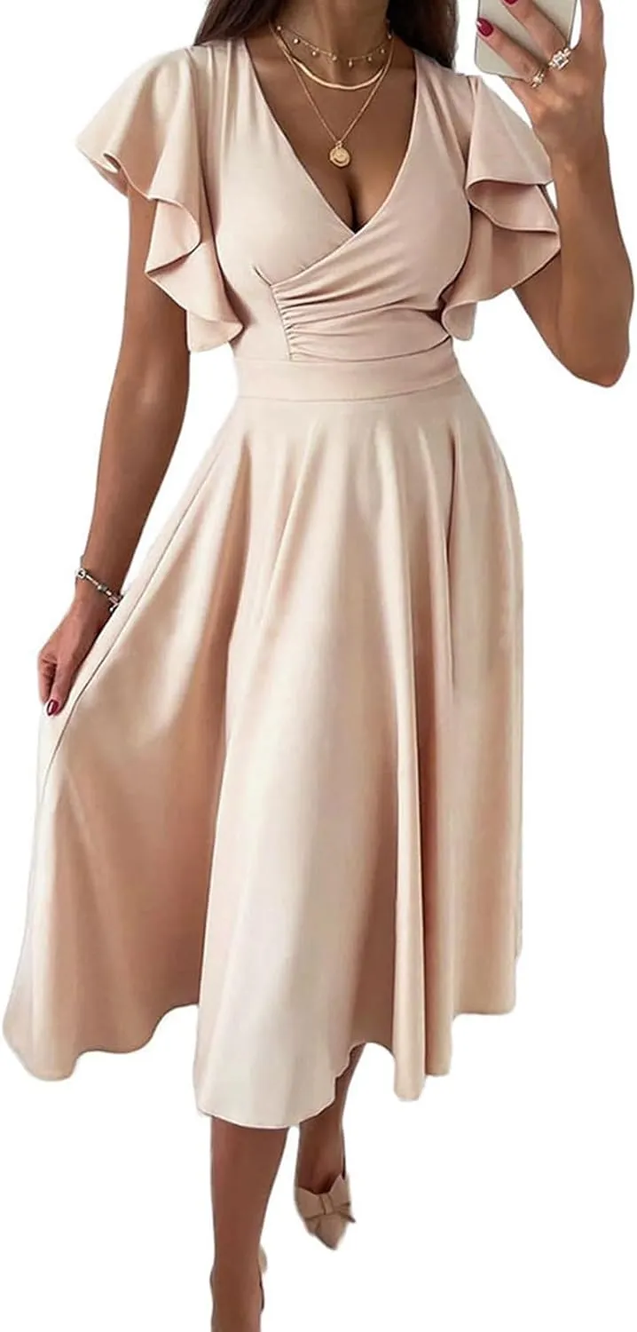Women's Solid Color Ruffled Skirt Low V Neck Waist Slimming Sexy Dress Big House