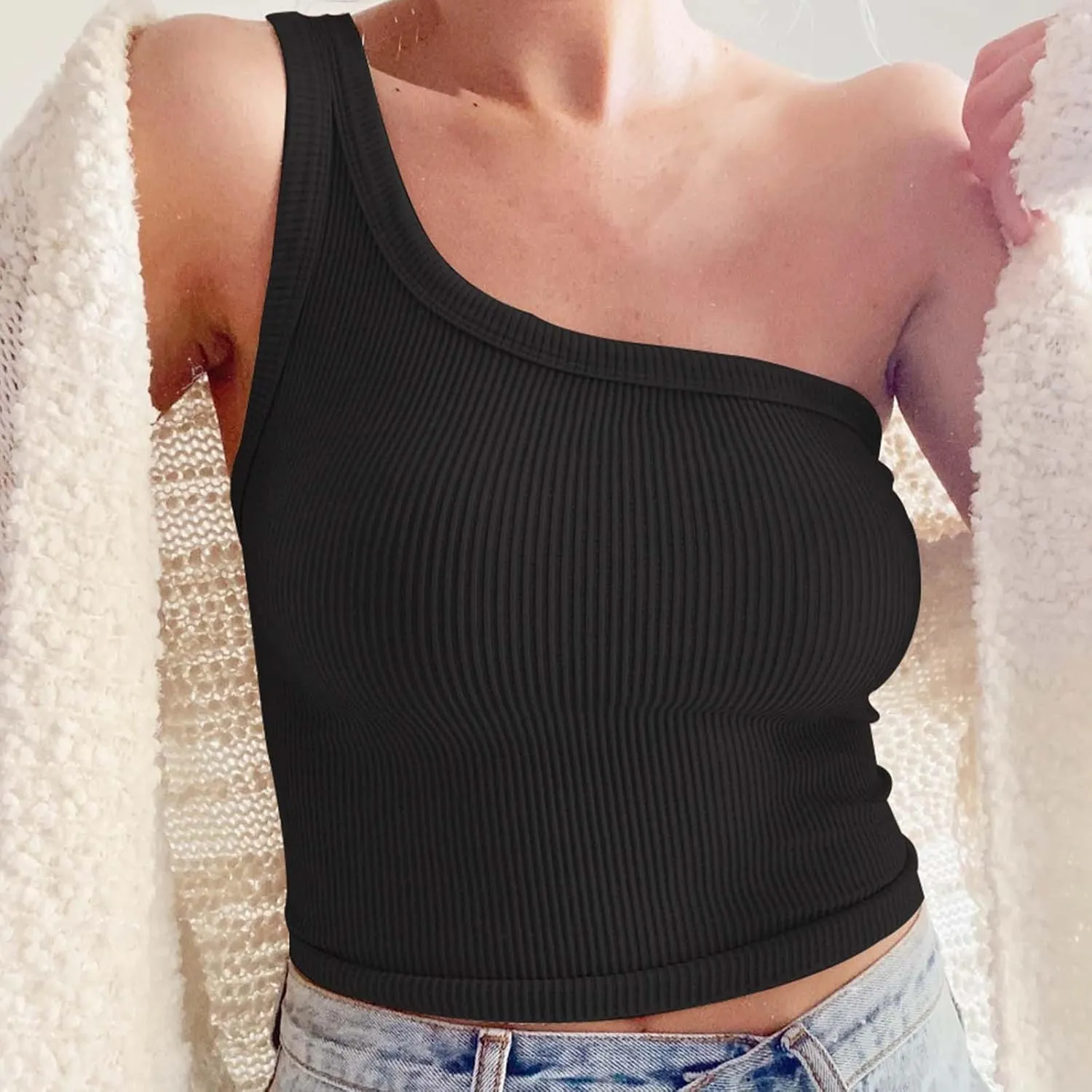 Women's Solid Color Short Bustier One Shoulder Camisole Tank Top T Shirt Stylish Casual Crop Top Halter Bodysuit