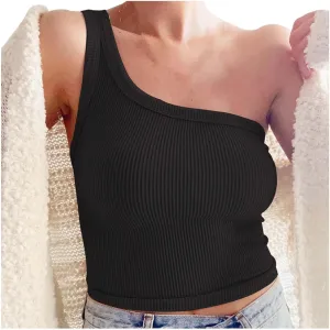 Women's Solid Color Short Bustier One Shoulder Camisole Tank Top T Shirt Stylish Casual Crop Top Halter Bodysuit