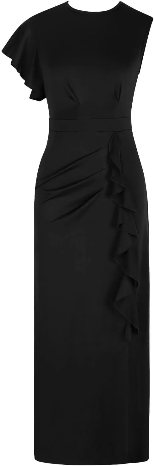Women's Split Bodycon Mermaid Evening Dress Cocktail Party Ruffle Trim Long Dress Elegant Wedding Guest Dresses