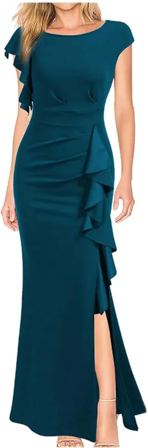 Women's Split Bodycon Mermaid Evening Dress Cocktail Party Ruffle Trim Long Dress Elegant Wedding Guest Dresses