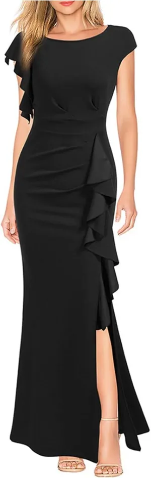 Women's Split Bodycon Mermaid Evening Dress Cocktail Party Ruffle Trim Long Dress Elegant Wedding Guest Dresses