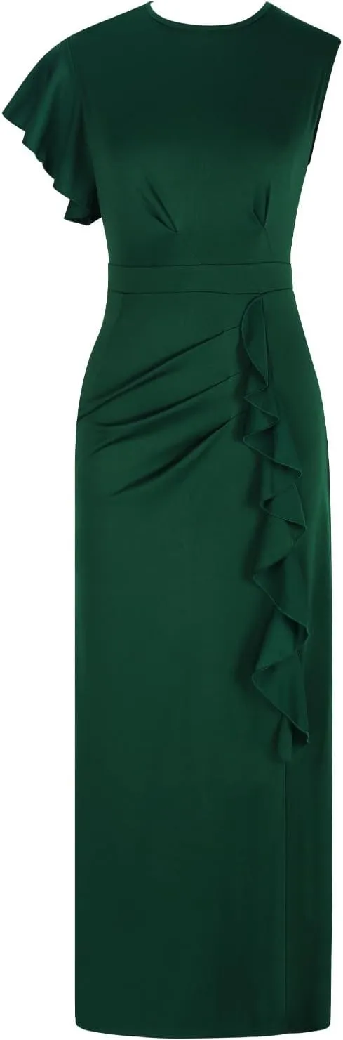 Women's Split Bodycon Mermaid Evening Dress Cocktail Party Ruffle Trim Long Dress Elegant Wedding Guest Dresses