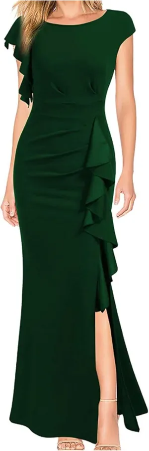 Women's Split Bodycon Mermaid Evening Dress Cocktail Party Ruffle Trim Long Dress Elegant Wedding Guest Dresses