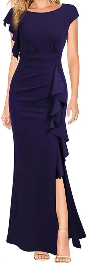 Women's Split Bodycon Mermaid Evening Dress Cocktail Party Ruffle Trim Long Dress Elegant Wedding Guest Dresses