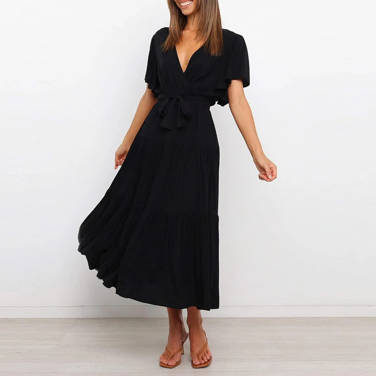 Women's Spring Dresses Summer 2025 Casual Loose Trendy Short Sleeve V-Neck Solid Color Flowy Maxi Dress, S-XL