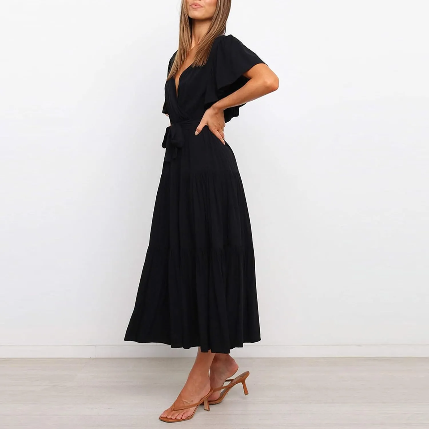 Women's Spring Dresses Summer 2025 Casual Loose Trendy Short Sleeve V-Neck Solid Color Flowy Maxi Dress, S-XL