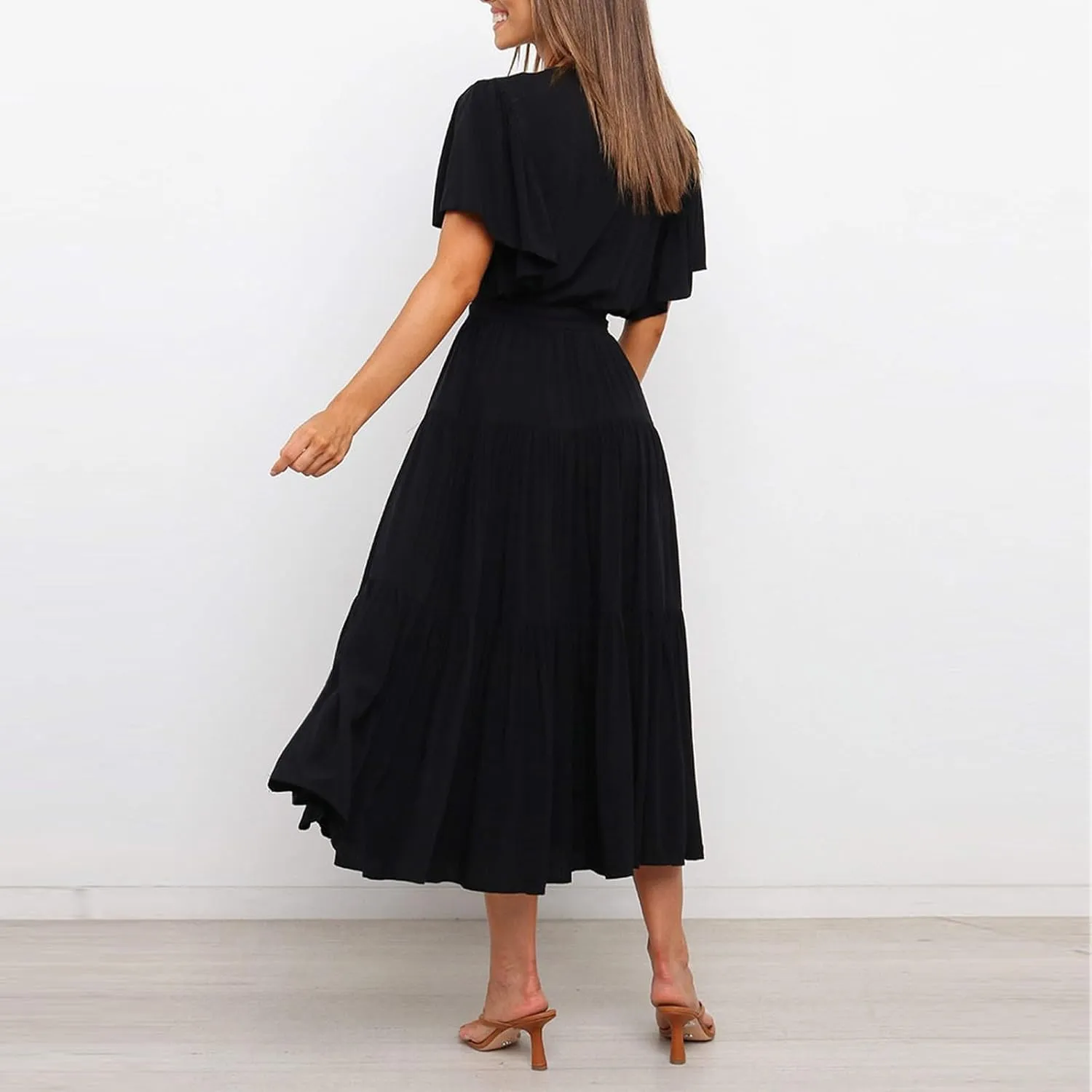Women's Spring Dresses Summer 2025 Casual Loose Trendy Short Sleeve V-Neck Solid Color Flowy Maxi Dress, S-XL