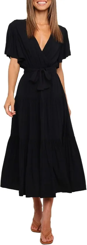 Women's Spring Dresses Summer 2025 Casual Loose Trendy Short Sleeve V-Neck Solid Color Flowy Maxi Dress, S-XL