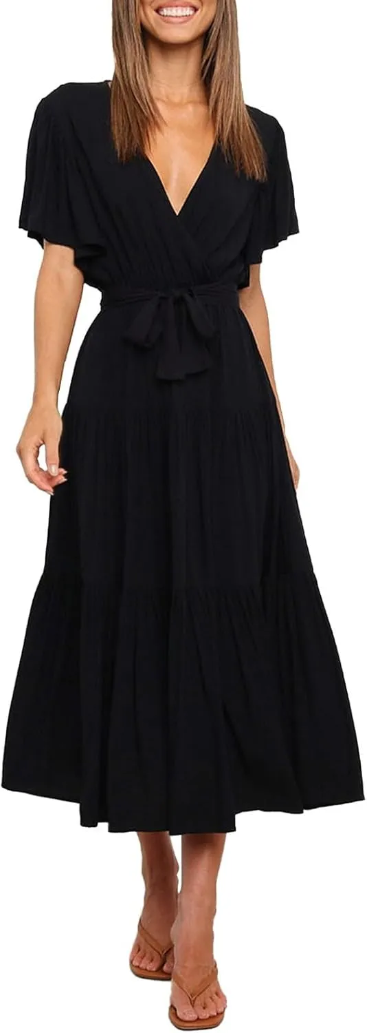 Women's Spring Dresses Summer 2025 Casual Loose Trendy Short Sleeve V-Neck Solid Color Flowy Maxi Dress, S-XL