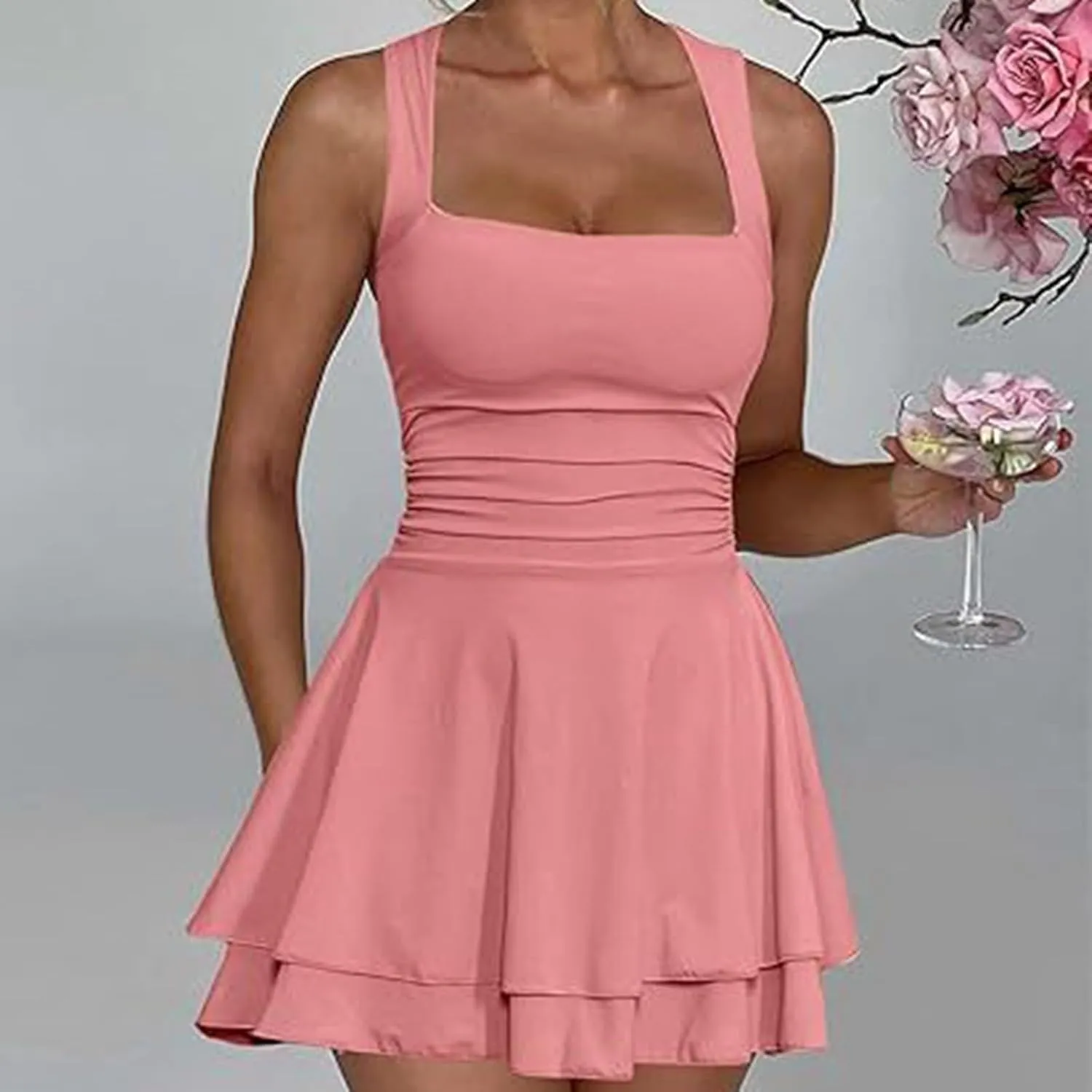 Women's Square Neck Sleeveless Dresses 2025 Summer Casual Ruffle Hem Ruched Waist Beach Party Mini Short Dress