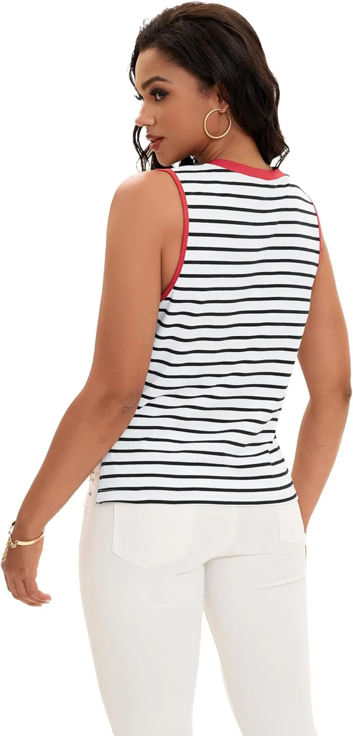 Womens Striped Tank Tops Color Block Side Slits Crewneck Summer Tops Casual Loose Fit Sleeveless Shirts