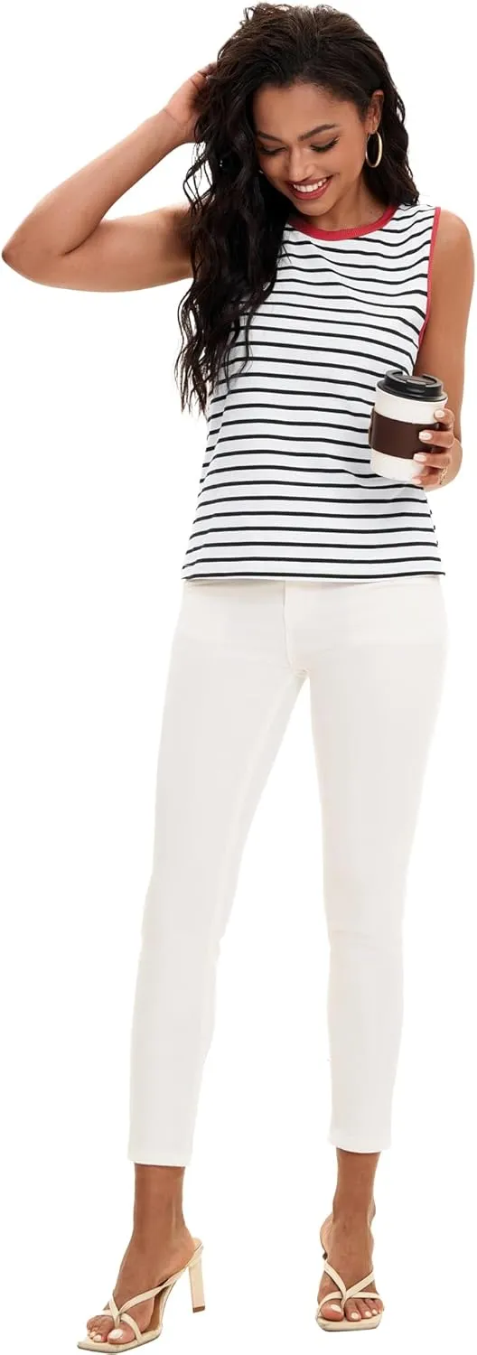 Womens Striped Tank Tops Color Block Side Slits Crewneck Summer Tops Casual Loose Fit Sleeveless Shirts