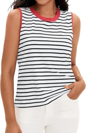 Womens Striped Tank Tops Color Block Side Slits Crewneck Summer Tops Casual Loose Fit Sleeveless Shirts