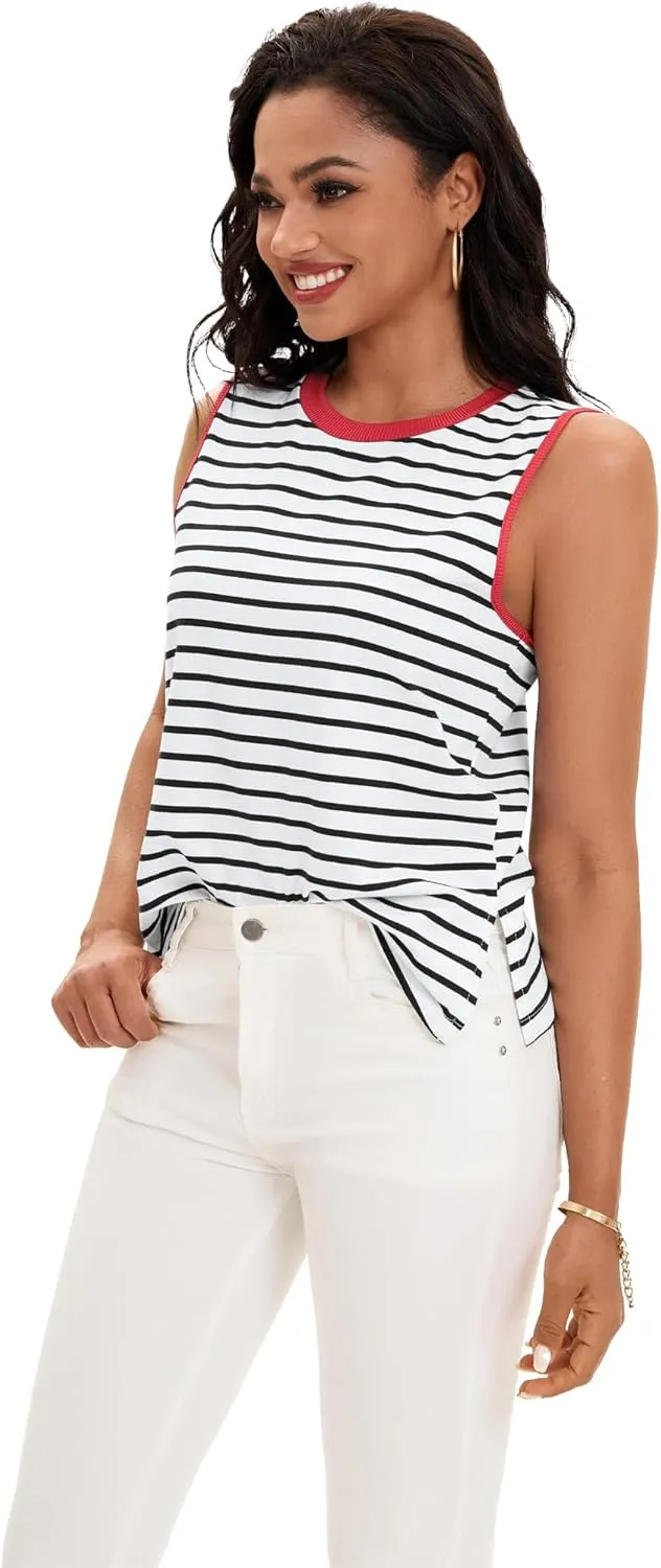 Womens Striped Tank Tops Color Block Side Slits Crewneck Summer Tops Casual Loose Fit Sleeveless Shirts
