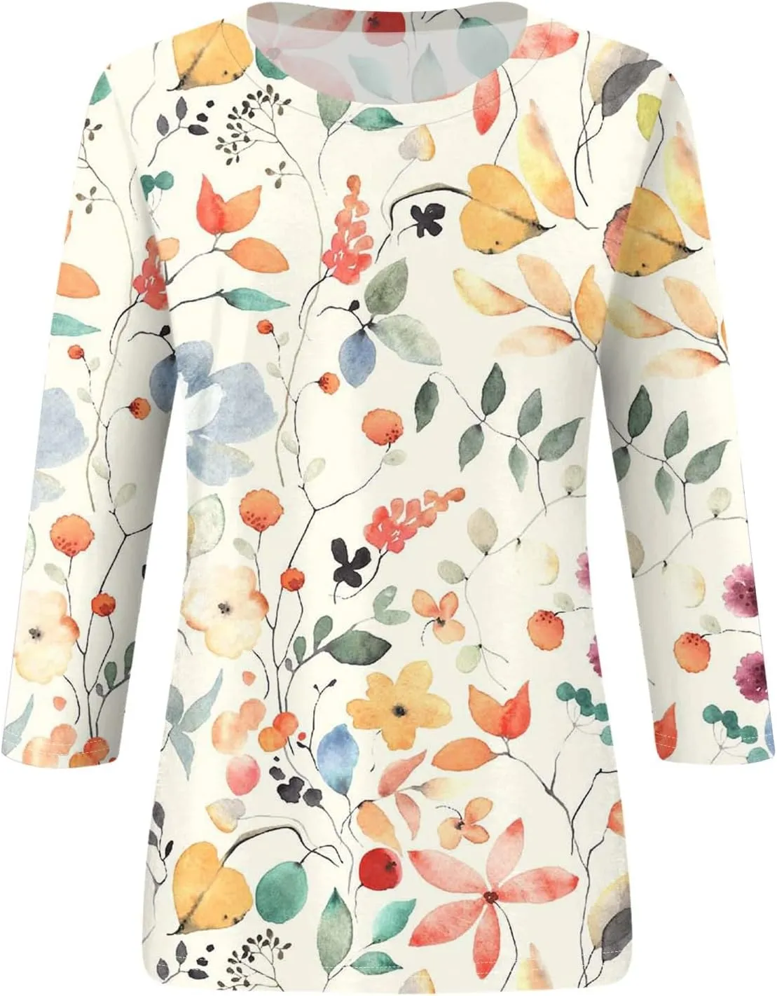 Womens Summer 3/4 Sleeve Tops 2025 Floral Print Round Neck Shirts Loose Fit Three Quarter Sleeve Tshirts