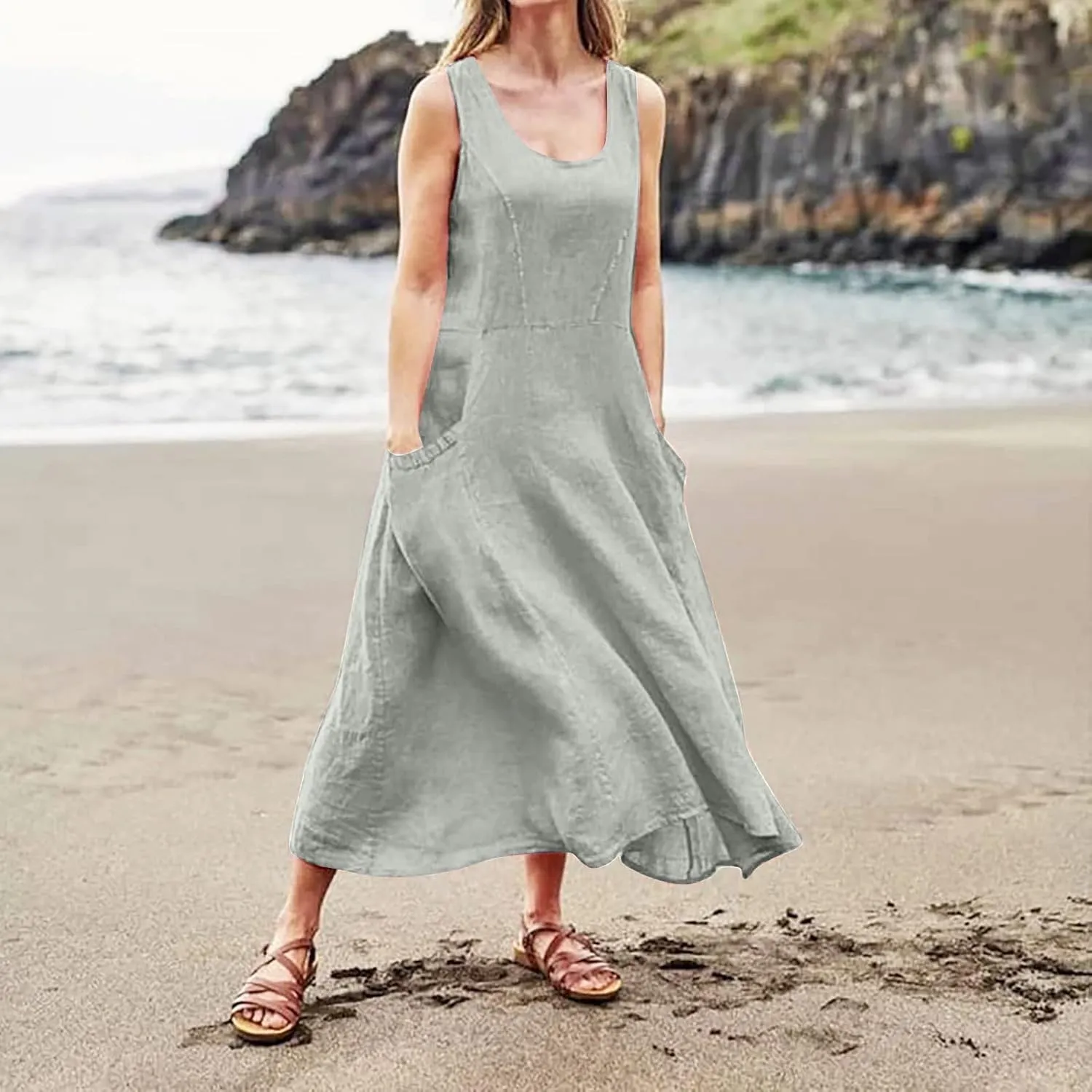 Women's Summer Cotton Linen Long Dresses 2025 Sleeveless Casual Solid Color V Neck Tank Dress with Pockets