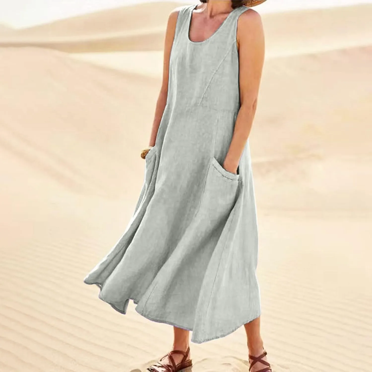 Women's Summer Cotton Linen Long Dresses 2025 Sleeveless Casual Solid Color V Neck Tank Dress with Pockets