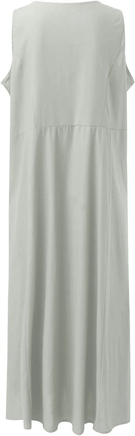 Women's Summer Cotton Linen Long Dresses 2025 Sleeveless Casual Solid Color V Neck Tank Dress with Pockets