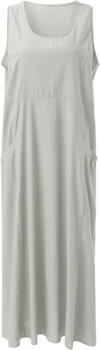 Women's Summer Cotton Linen Long Dresses 2025 Sleeveless Casual Solid Color V Neck Tank Dress with Pockets