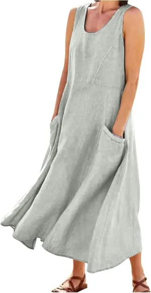 Women's Summer Cotton Linen Long Dresses 2025 Sleeveless Casual Solid Color V Neck Tank Dress with Pockets