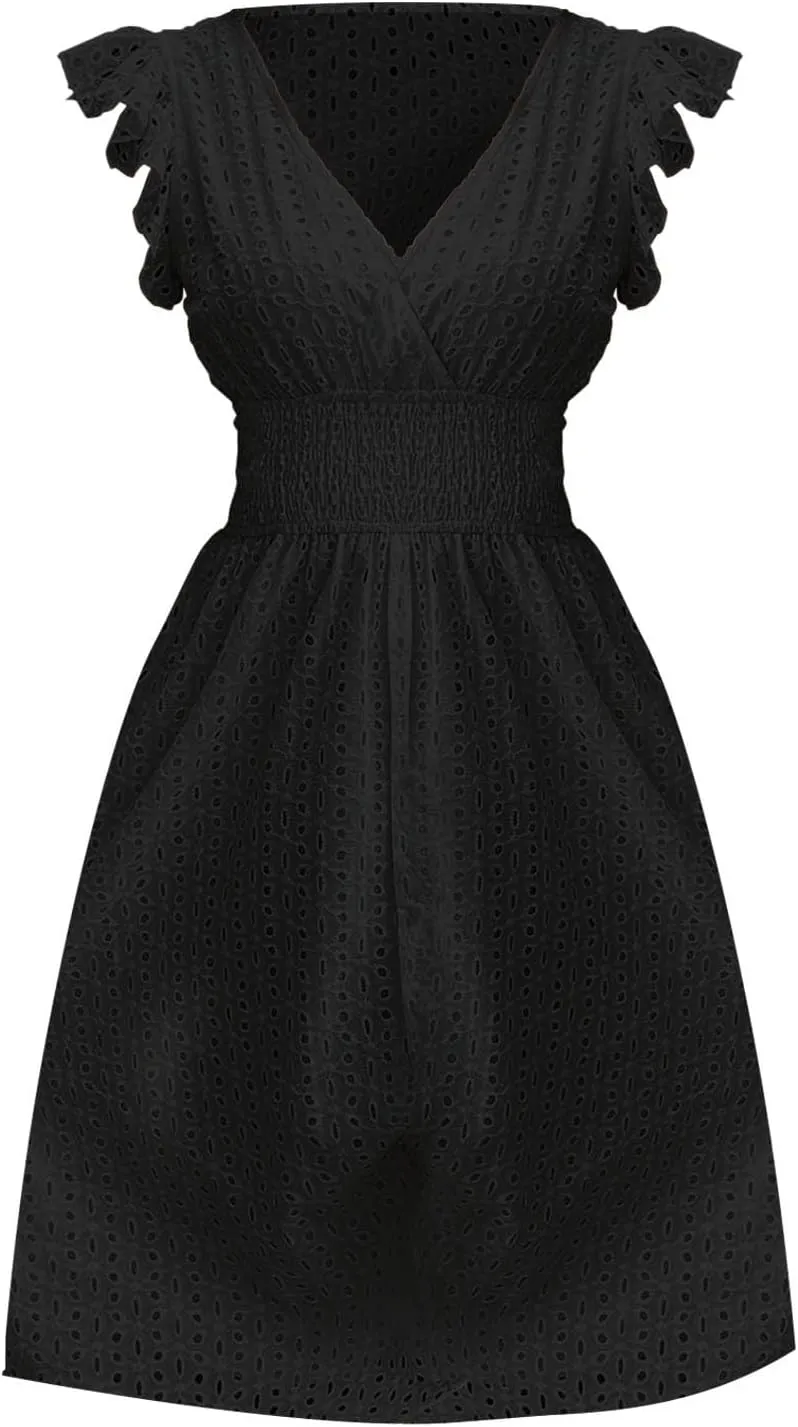 Women's Summer Dresses 2025 V Neck Casual Dress Flutter Sleeve Flowy Sundress Sleeveless High Waist Swing Mini Dresses