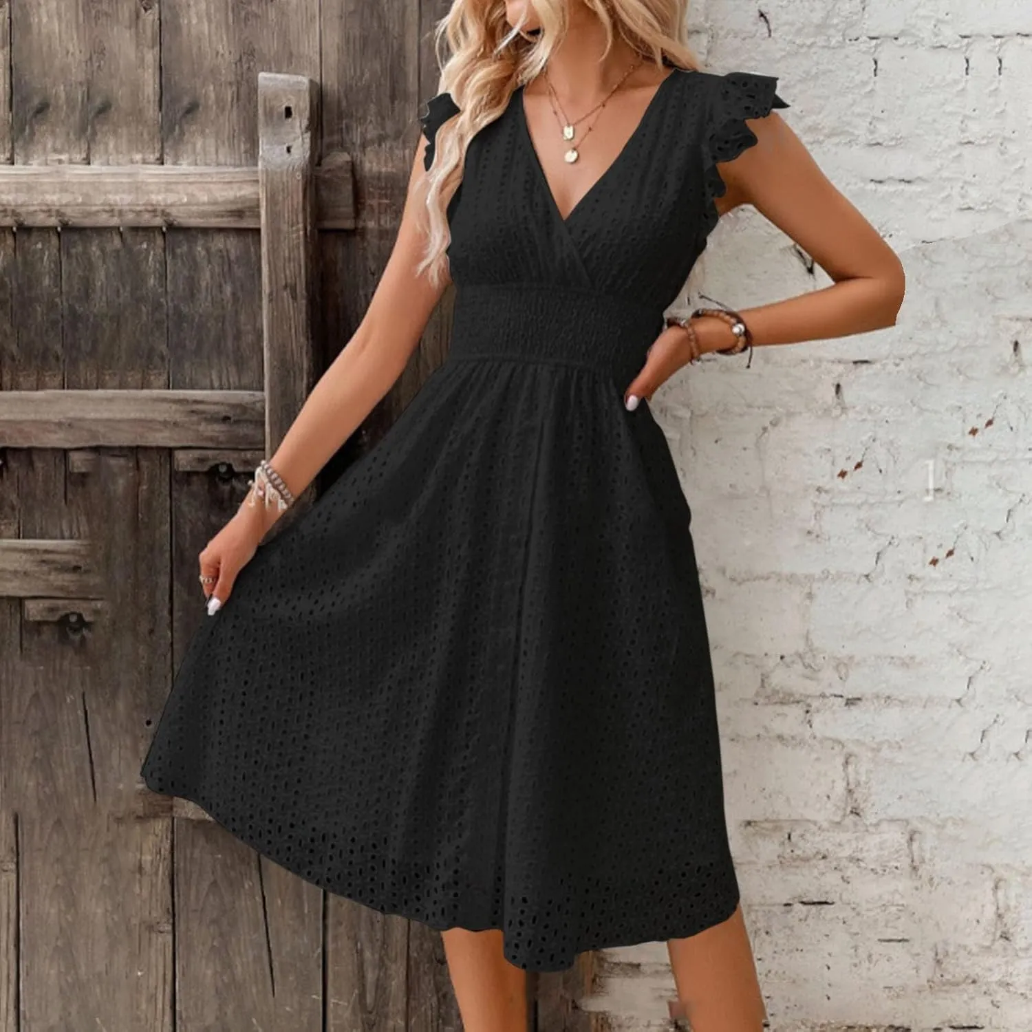 Women's Summer Dresses 2025 V Neck Casual Dress Flutter Sleeve Flowy Sundress Sleeveless High Waist Swing Mini Dresses