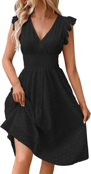 Women's Summer Dresses 2025 V Neck Casual Dress Flutter Sleeve Flowy Sundress Sleeveless High Waist Swing Mini Dresses