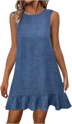 Womens Summer Dresses Casual Crew Neck Sleeveless Beach Dress Fashion Solid Color Loose Fit Pleated Sundress