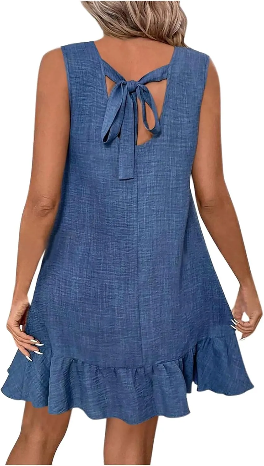 Womens Summer Dresses Casual Crew Neck Sleeveless Beach Dress Fashion Solid Color Loose Fit Pleated Sundress