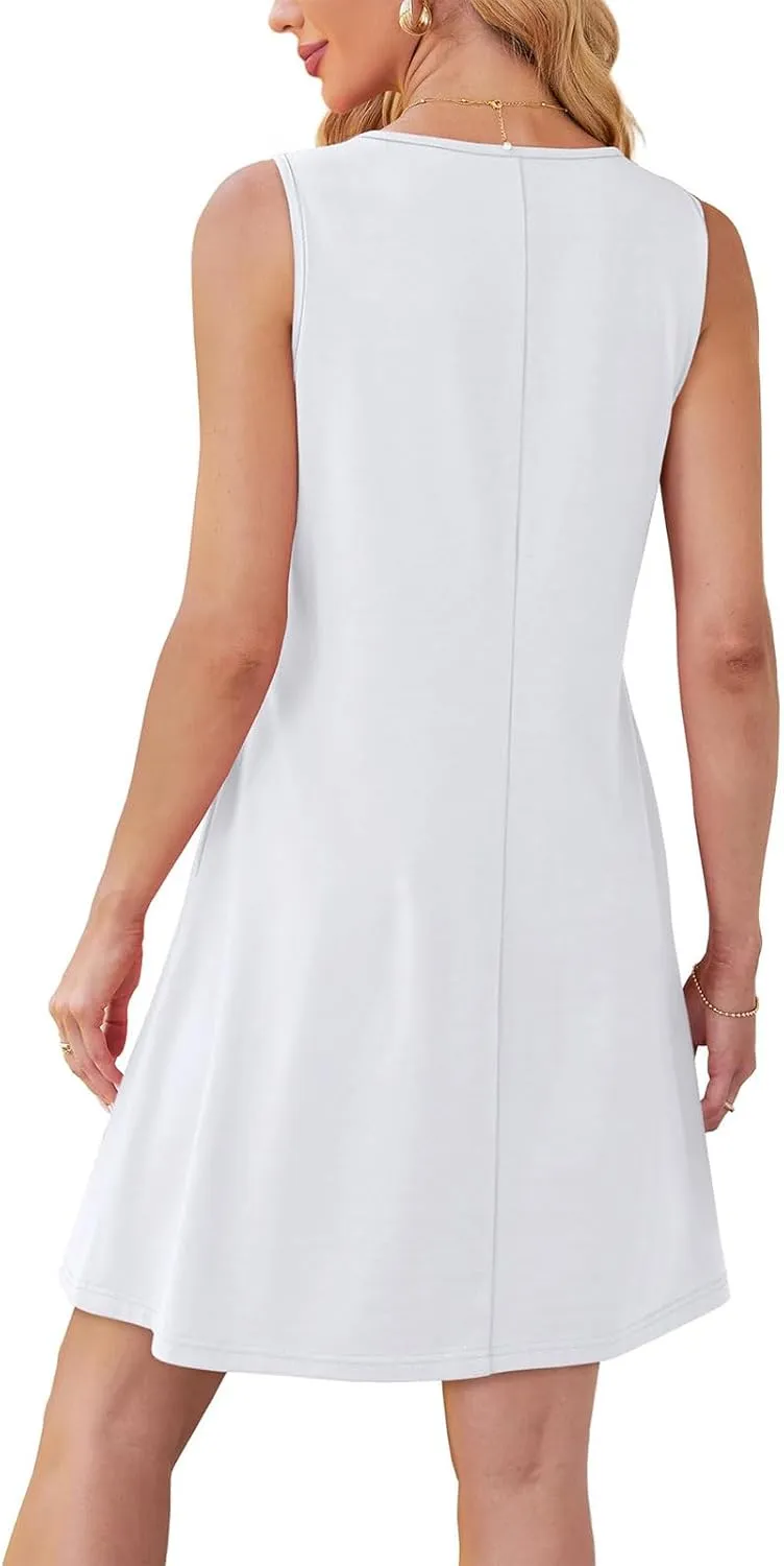 Womens Summer Dresses Casual Sleeveless Tank Sundress Pleated Front Loose Crew Neck Tshirt Dress Beach with Pockets