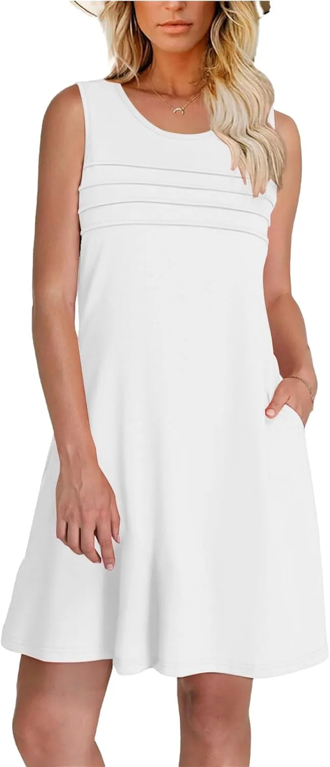 Womens Summer Dresses Casual Sleeveless Tank Sundress Pleated Front Loose Crew Neck Tshirt Dress Beach with Pockets