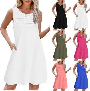 Womens Summer Dresses Casual Sleeveless Tank Sundress Pleated Front Loose Crew Neck Tshirt Dress Beach with Pockets