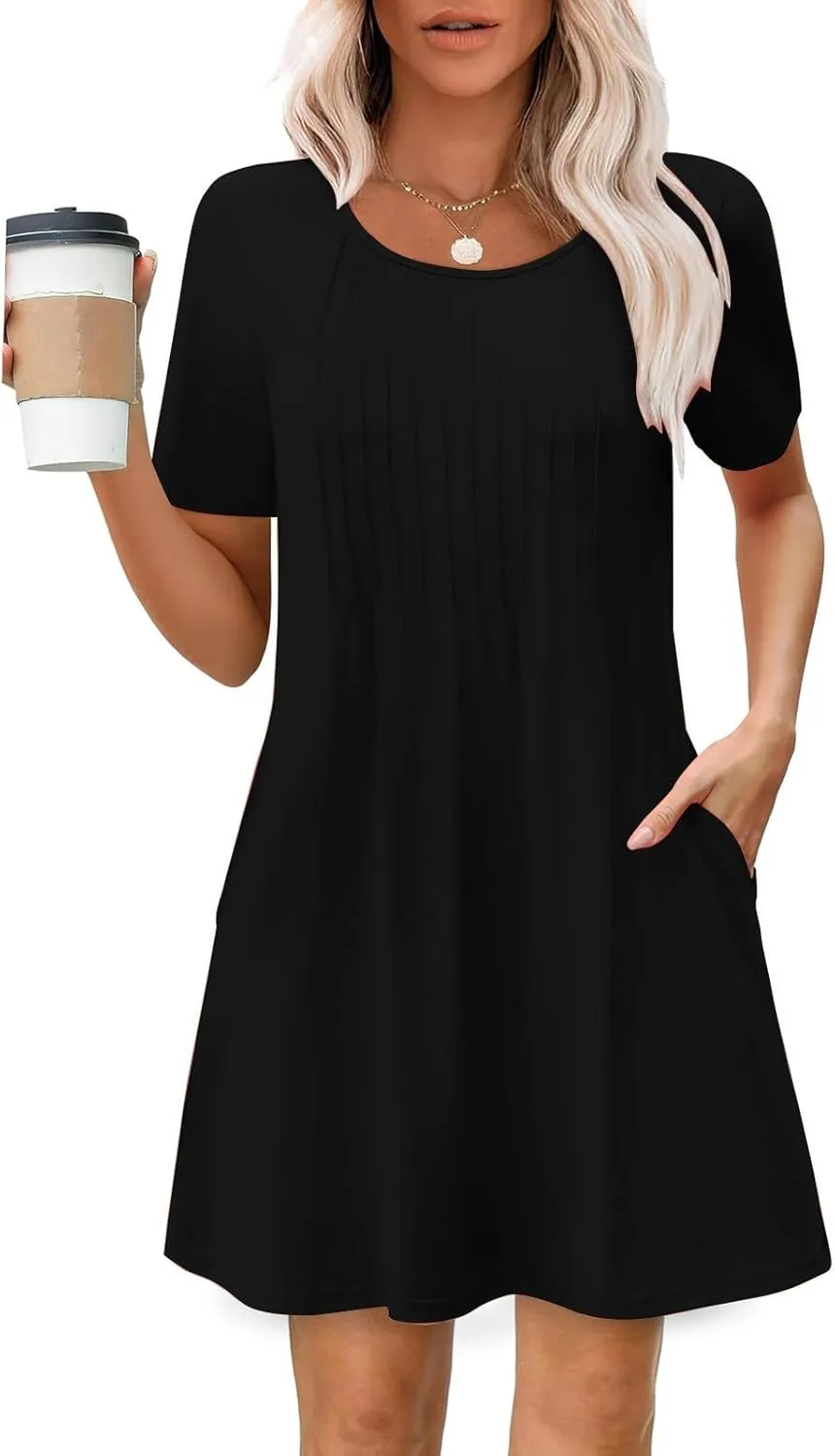 Women's Summer Dresses Pleated Dressy Casual Scooped Neck Beach Vacation T-Shirts Dresses Fashion Short Tunic Dresses