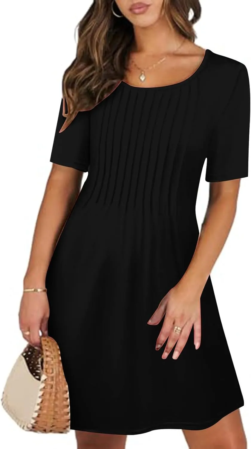 Women's Summer Dresses Pleated Dressy Casual Scooped Neck Beach Vacation T-Shirts Dresses Fashion Short Tunic Dresses