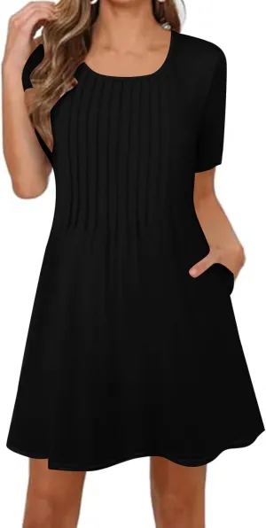 Women's Summer Dresses Pleated Dressy Casual Scooped Neck Beach Vacation T-Shirts Dresses Fashion Short Tunic Dresses