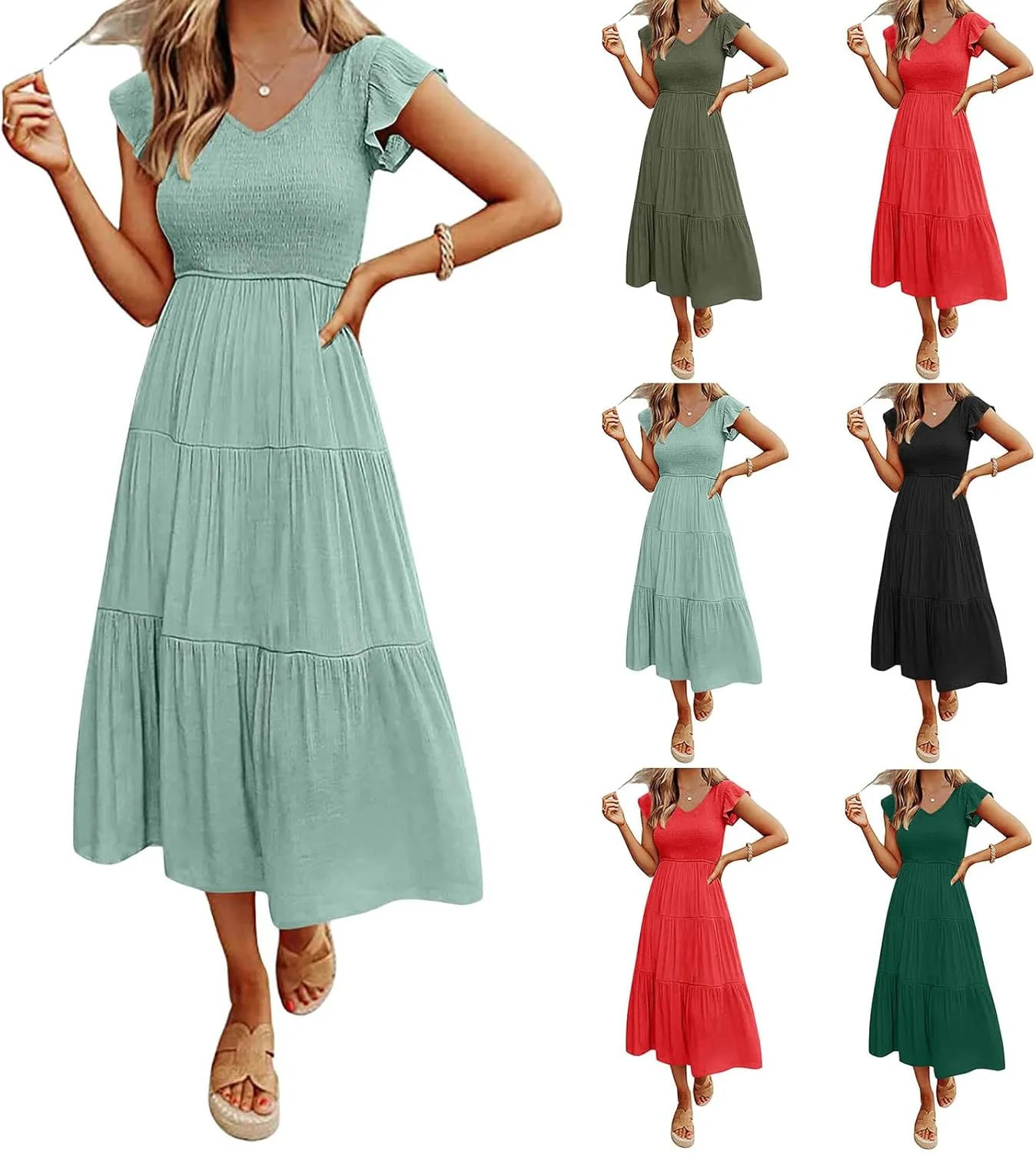 Women's Summer Flowy Maxi Dress Flutter Sleeve Smocked Midi Dresses Casual Cap Sleeve V Neck Beach Dress Tiered Dresses