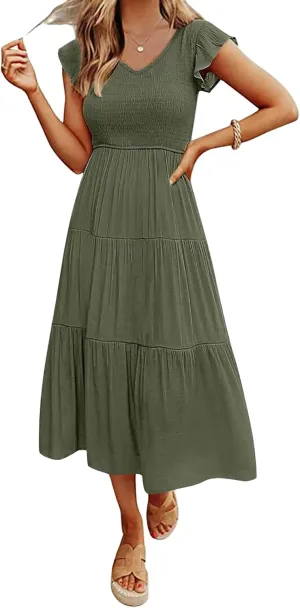 Women's Summer Flowy Maxi Dress Flutter Sleeve Smocked Midi Dresses Casual Cap Sleeve V Neck Beach Dress Tiered Dresses
