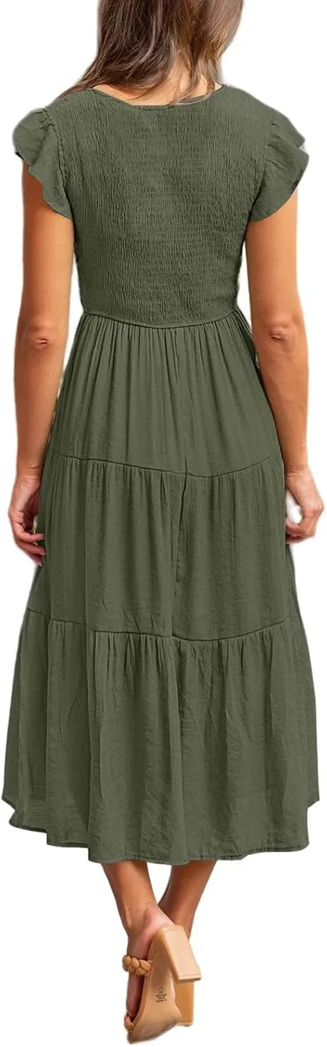 Women's Summer Flowy Maxi Dress Flutter Sleeve Smocked Midi Dresses Casual Cap Sleeve V Neck Beach Dress Tiered Dresses