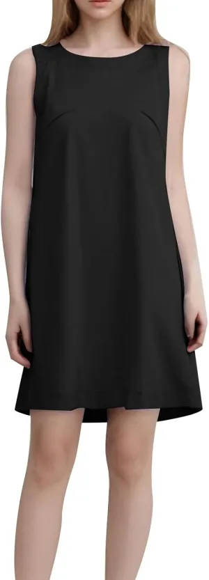 Women's Summer Linen Tank Dresses Sleeveless Crewneck Mini Dresses Casual Tshirt Dresses Beach Vacation Sundress with Pocket