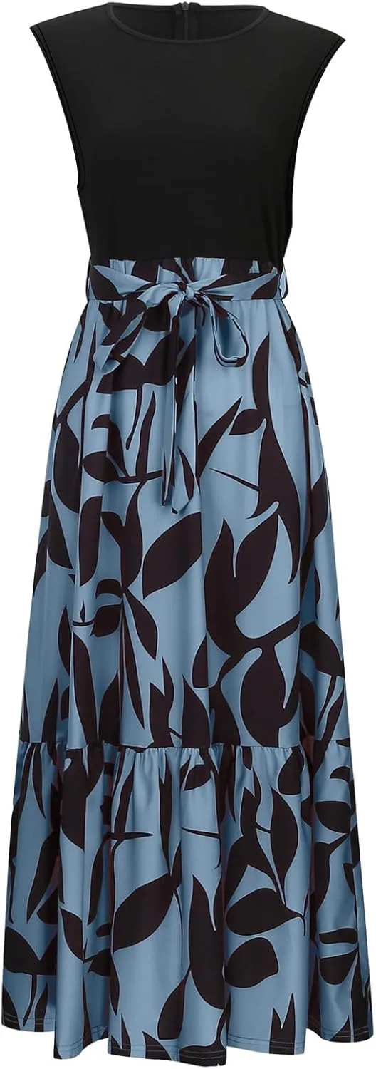 Women's Summer Sleeveless Maxi Dress 2025 Casual Crewneck Pleated Flowy Long Dress High Waisted Belted Ruffle Sundress