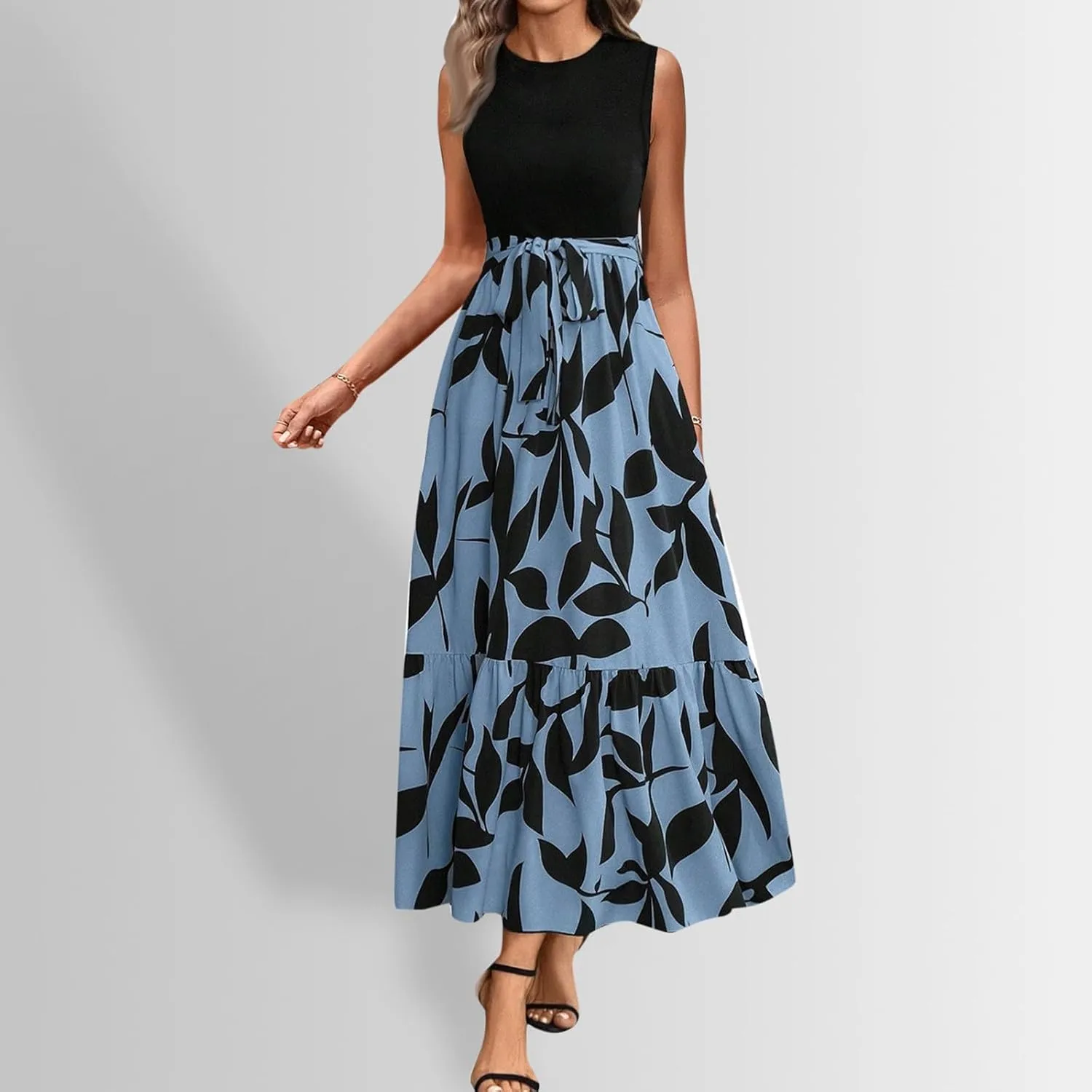Women's Summer Sleeveless Maxi Dress 2025 Casual Crewneck Pleated Flowy Long Dress High Waisted Belted Ruffle Sundress